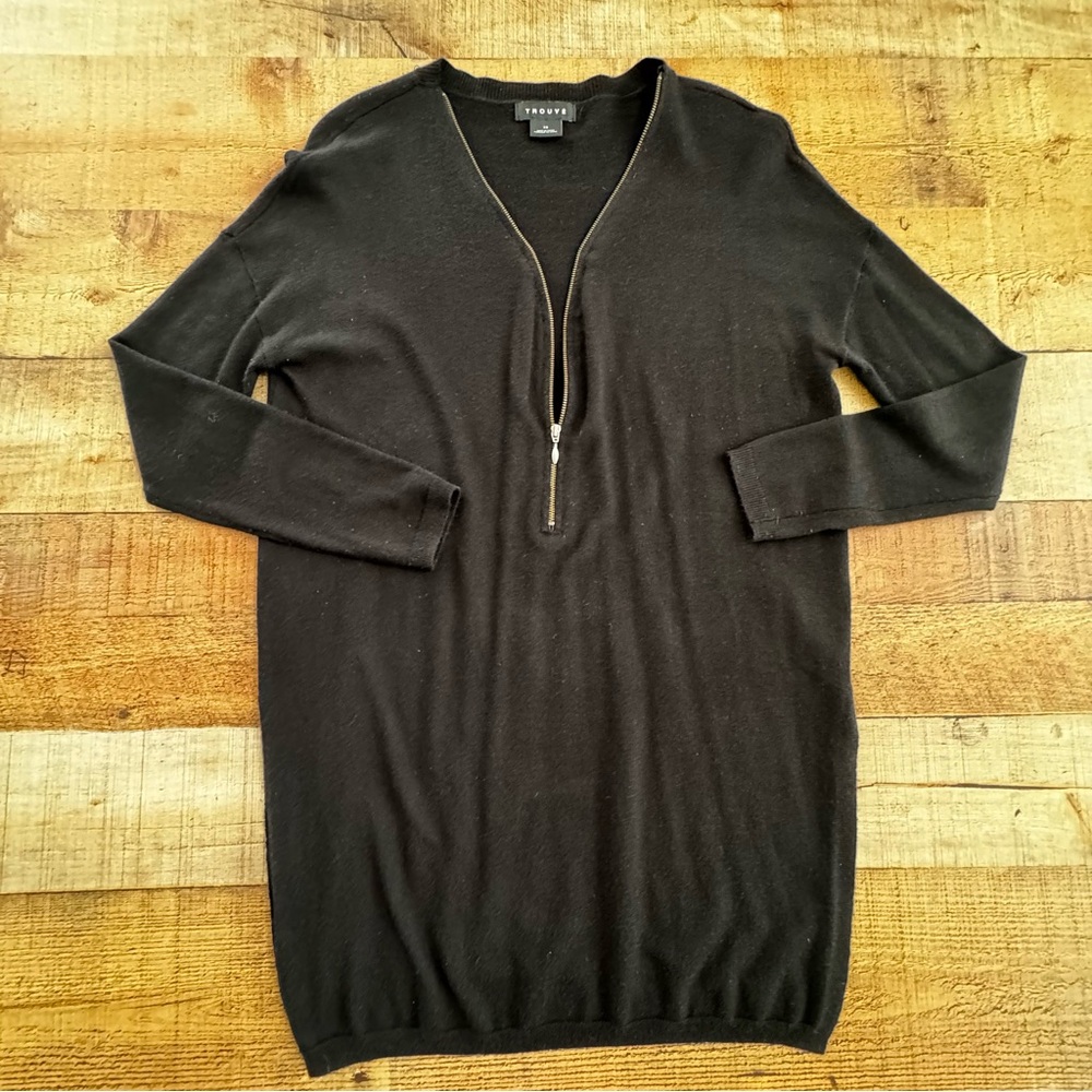 Trouve V-Neck Zip cashmere Blend Oversize Long Sweater XS Black